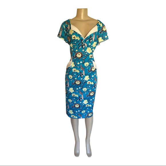 Vintage Blue and Yellow Sheath Midi Dress with Sweetheart Neckline - Picture 8 of 9